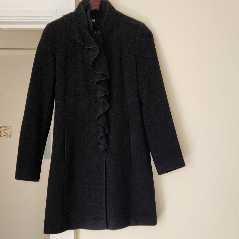 DKNY Black Ruffle Peacoat